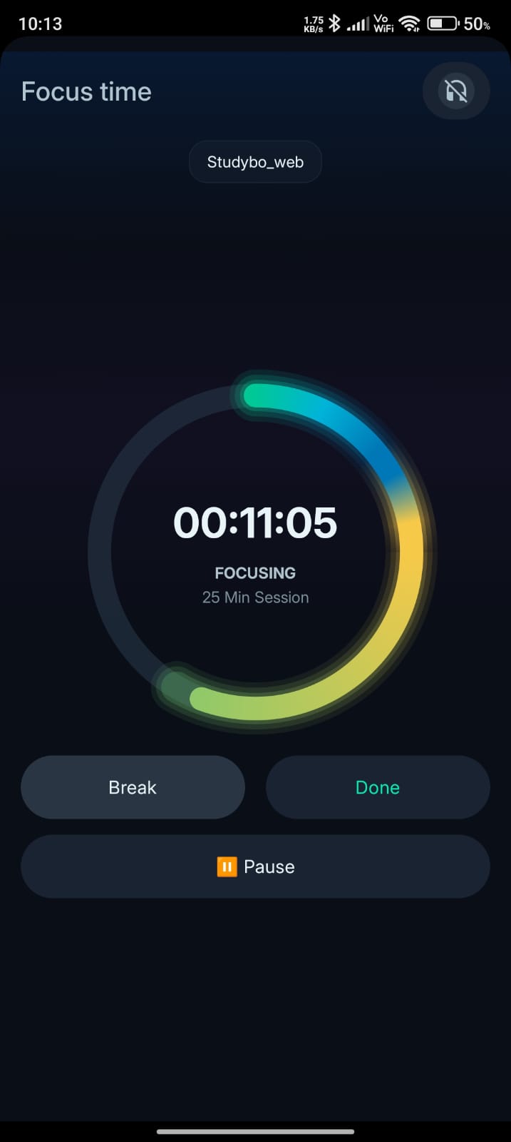 Studybo deep focus session with colorful progress ring