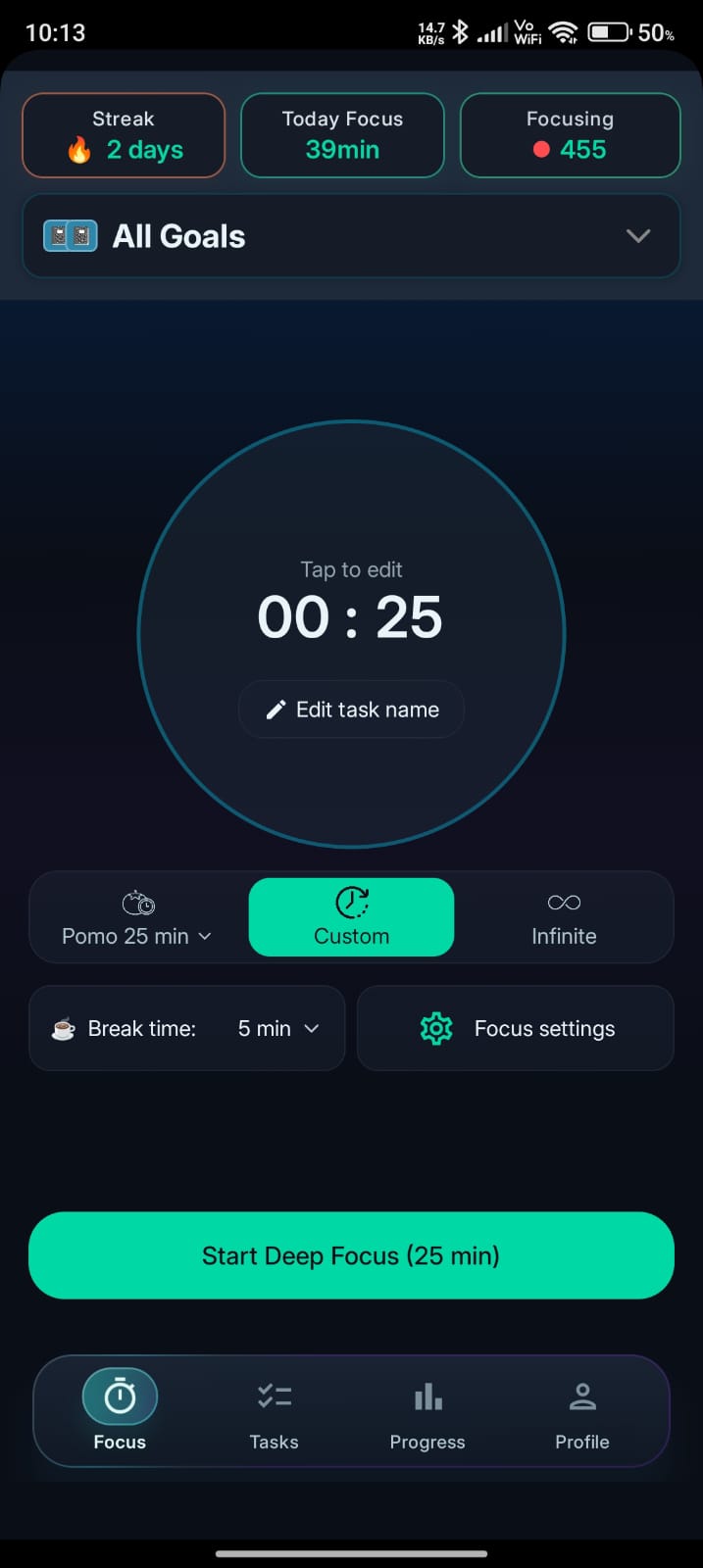 Studybo Pomodoro setup screen