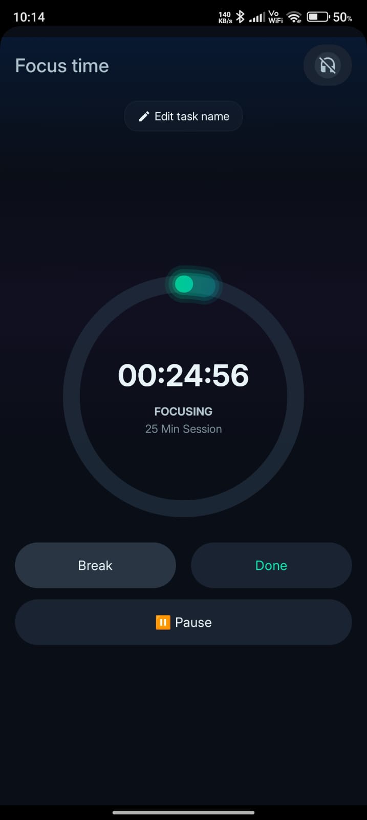 Studybo focus timer with Break and Done buttons after a sprint